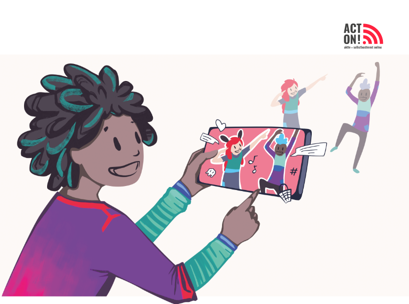 Eine Comicfigur, die ein Smartphone in den Händen hält, auf dem tanzende Comicfiguren zu sehen sind.